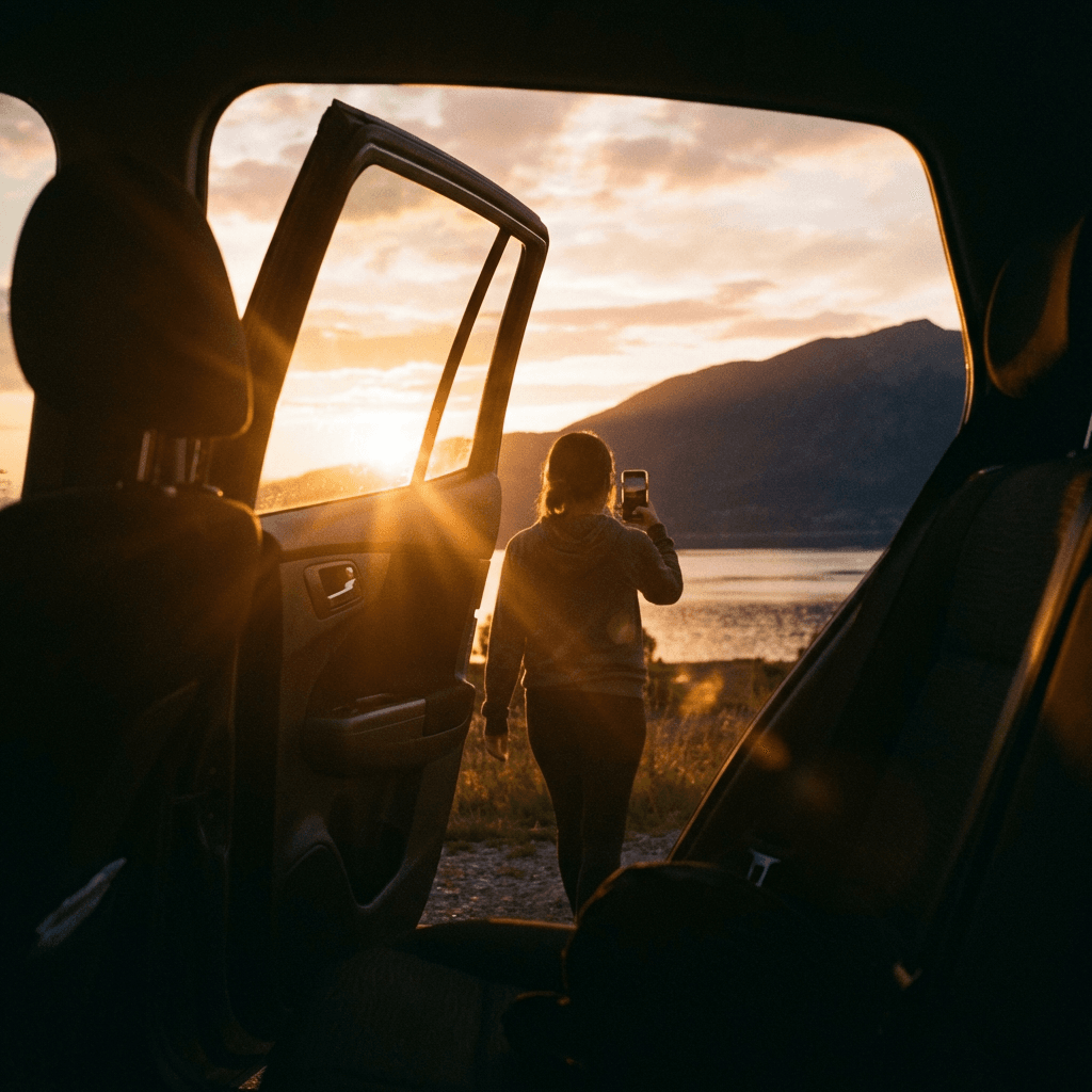 Candid photograph of a person in their early 30s receiving car keys from a dealer genuine warm smile of excitement inside a car dealership
